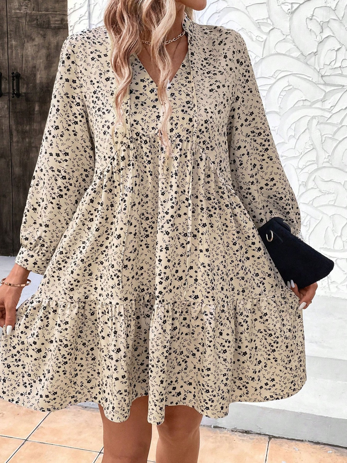 Khaki Tied Printed Mini Dress with  Long Sleeve