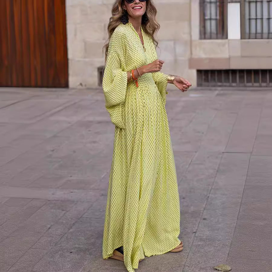 Geometric Pattern V-neck Bat Sleeve Maxi  Dress