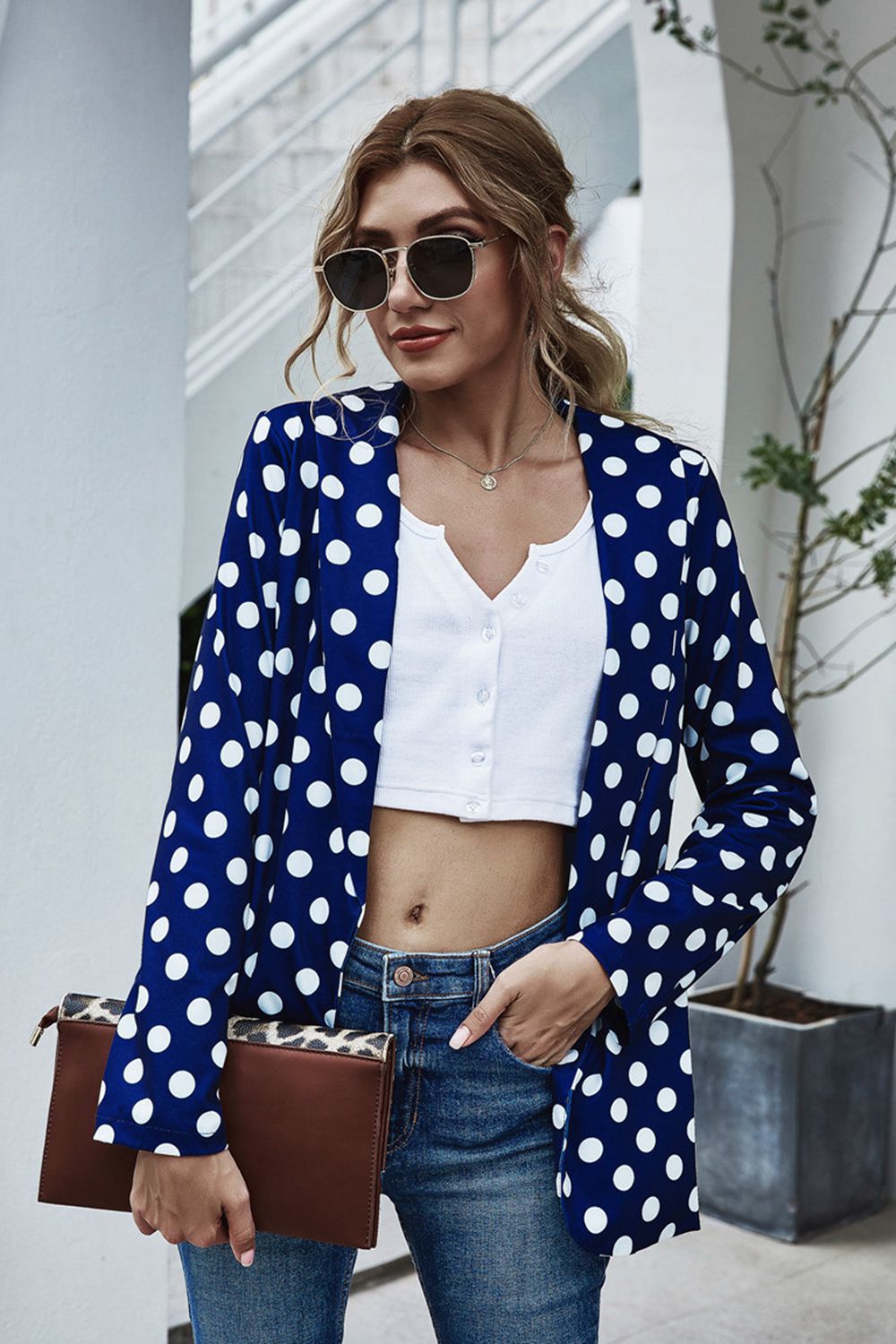 Classic Polka Dot Navy Blue Long Sleeve Blazer