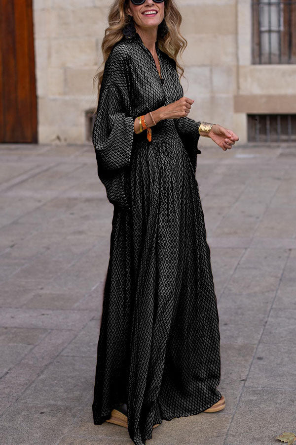 Geometric Pattern V-neck Bat Sleeve Maxi  Dress