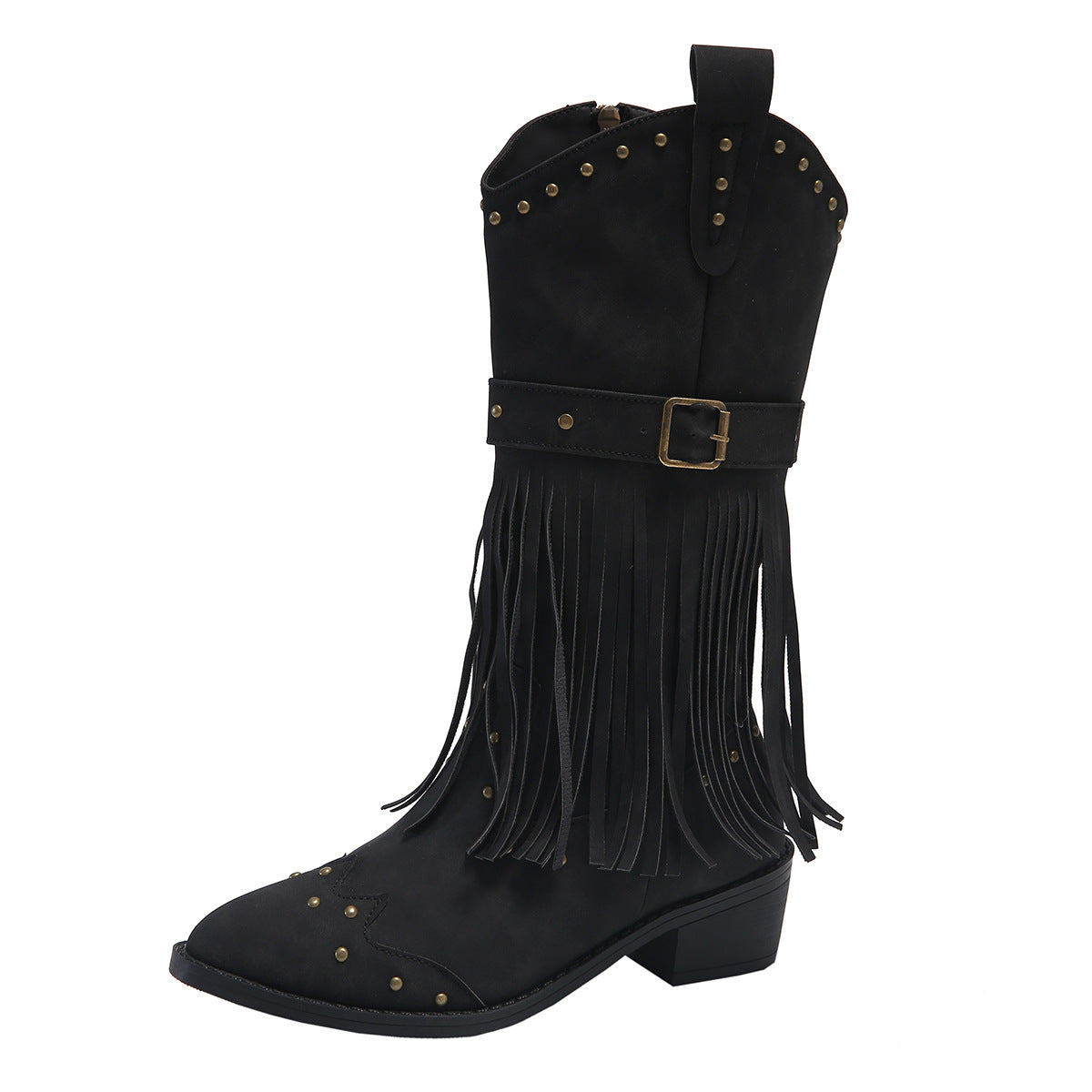 Retro Tassel Rivet Strap Buckle Cowgirl Boots