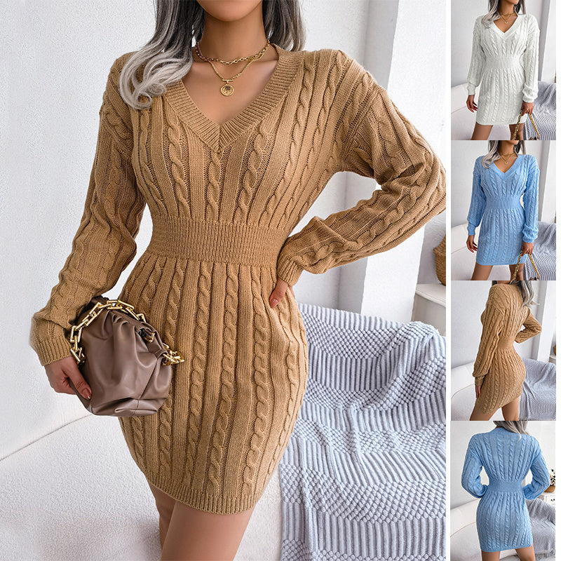 Cable Knit V-Neck  Midi Dress with  Lantern Sleeve