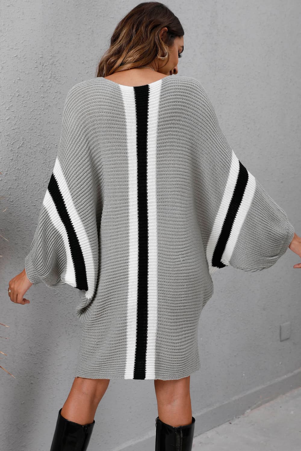 Chic  Ribbed  Sweater Dress with Round Neck & Long Dolman Sleeves