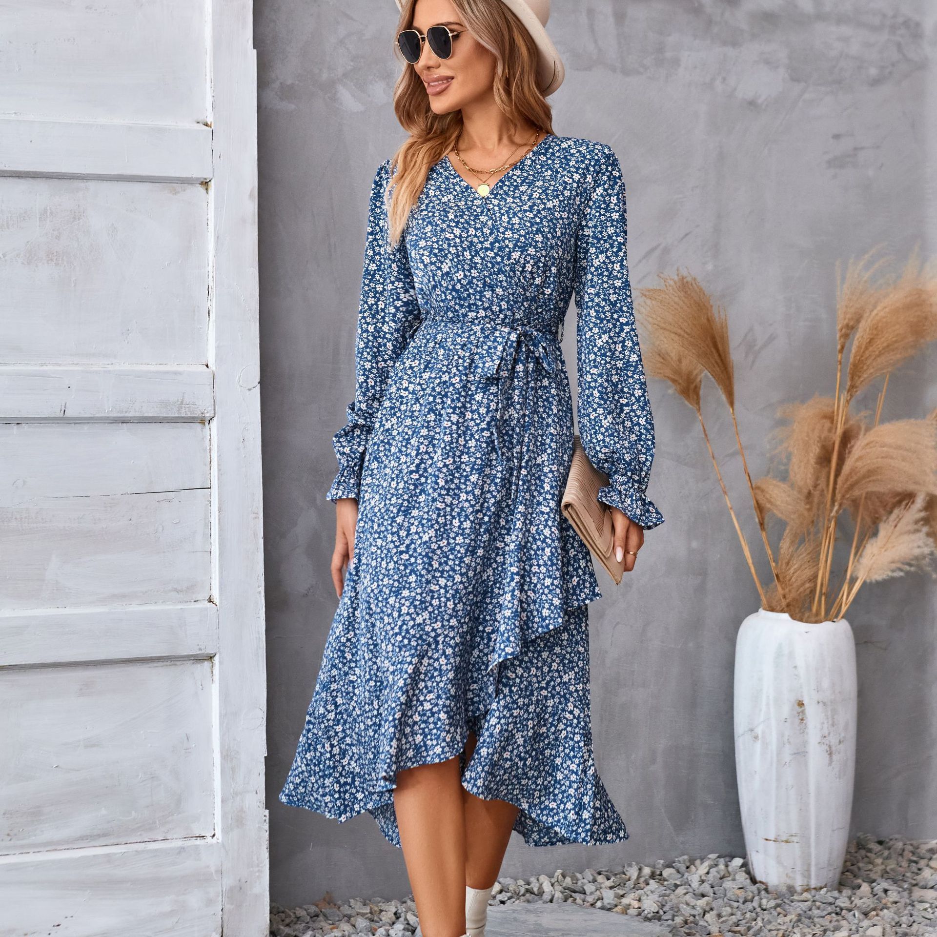 Flowers  Ruffled Print  Dress with Long  Petal Sleeve