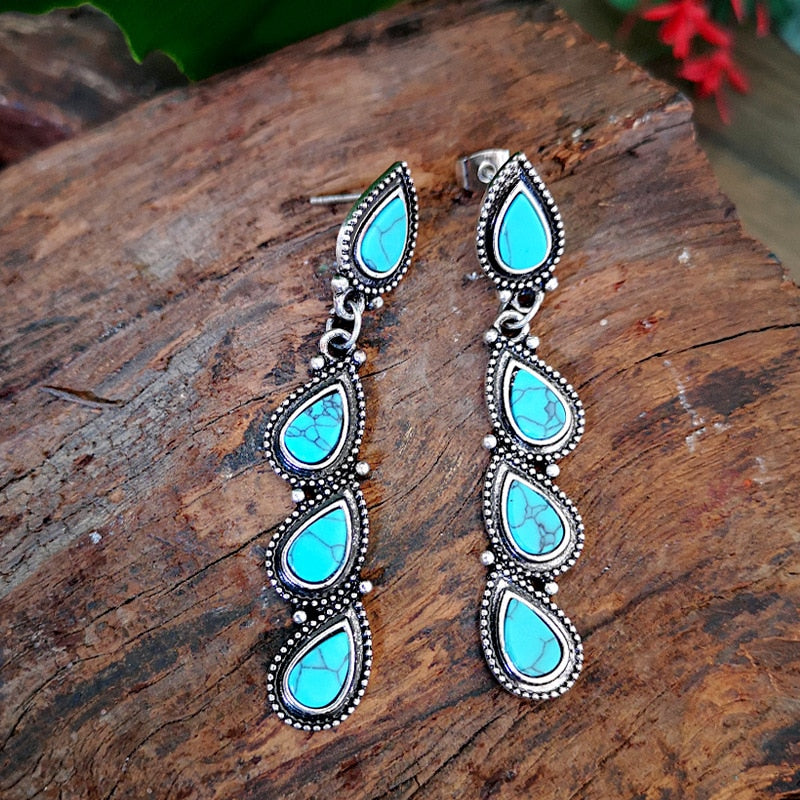 Boho Creative Tree Leaf Genuine Turquoise Teardrop Earrings.