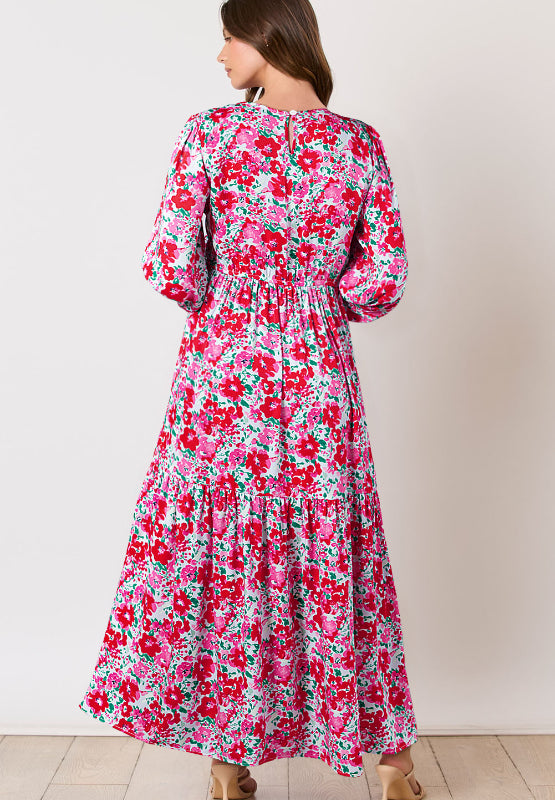 Pink Rose Printed Maxi Dress with Round Neck & Lantern Sleeve