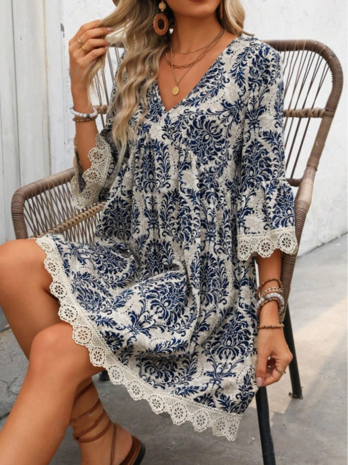 Ruffle V-Neck Mini Dress with Lace Design & 3/4 Sleeves