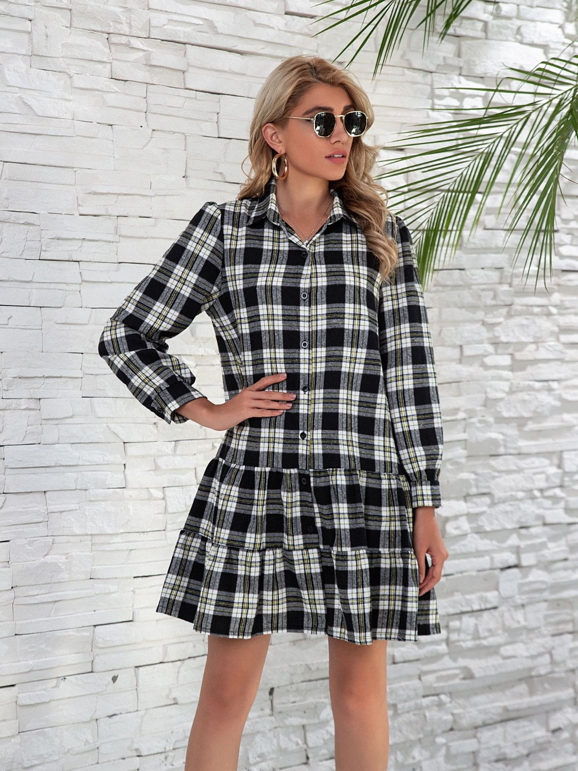 Shirt Style Checkered Plaid Button Down  Ruffle Hem  Dress with  Long Sleeve