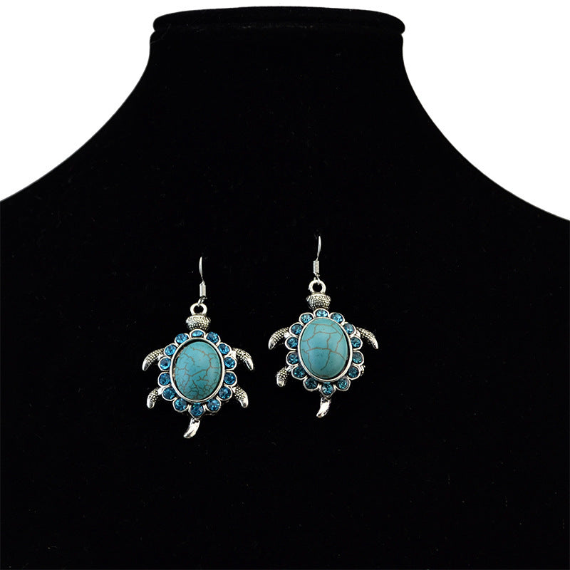 Cute Boho Turquoise Stone Turtles Drop Hook Earrings.