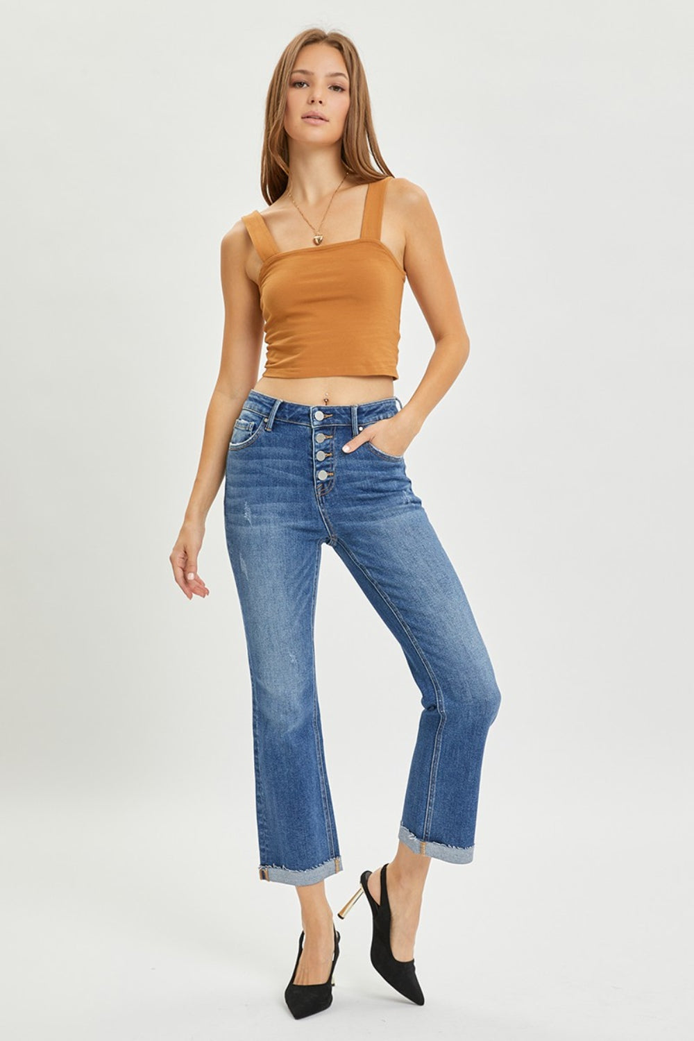 High Waist Button Fly Cropped Bootcut Jeans