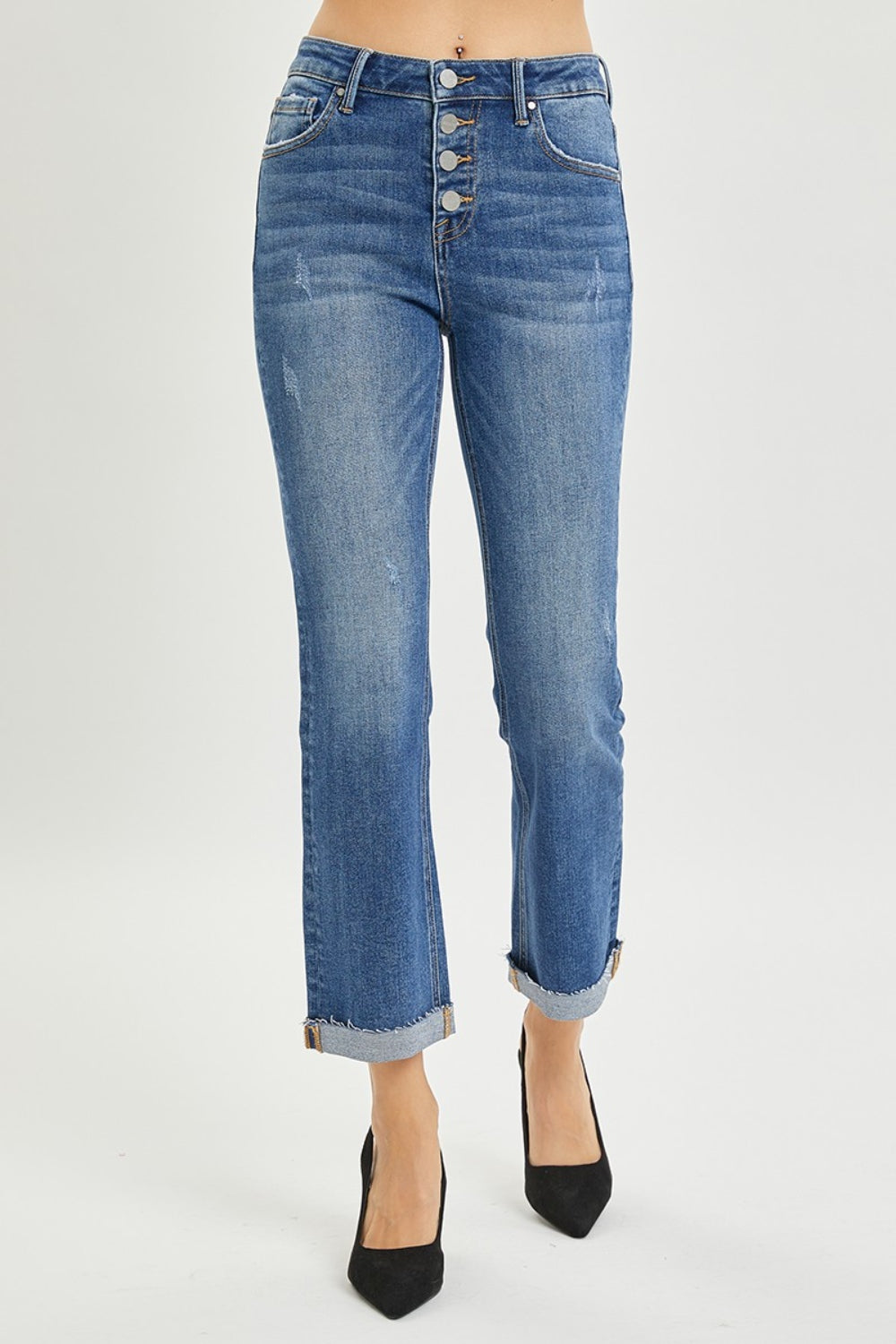 High Waist Button Fly Cropped Bootcut Jeans