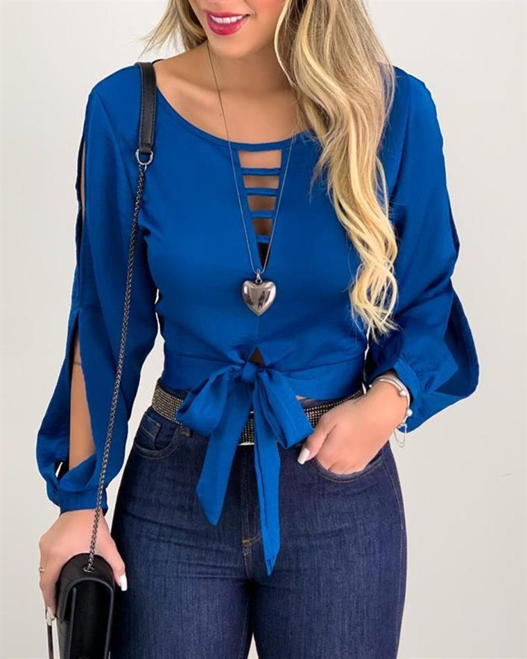 Blue Tie Front Cut Out  Lace-Up Blouse