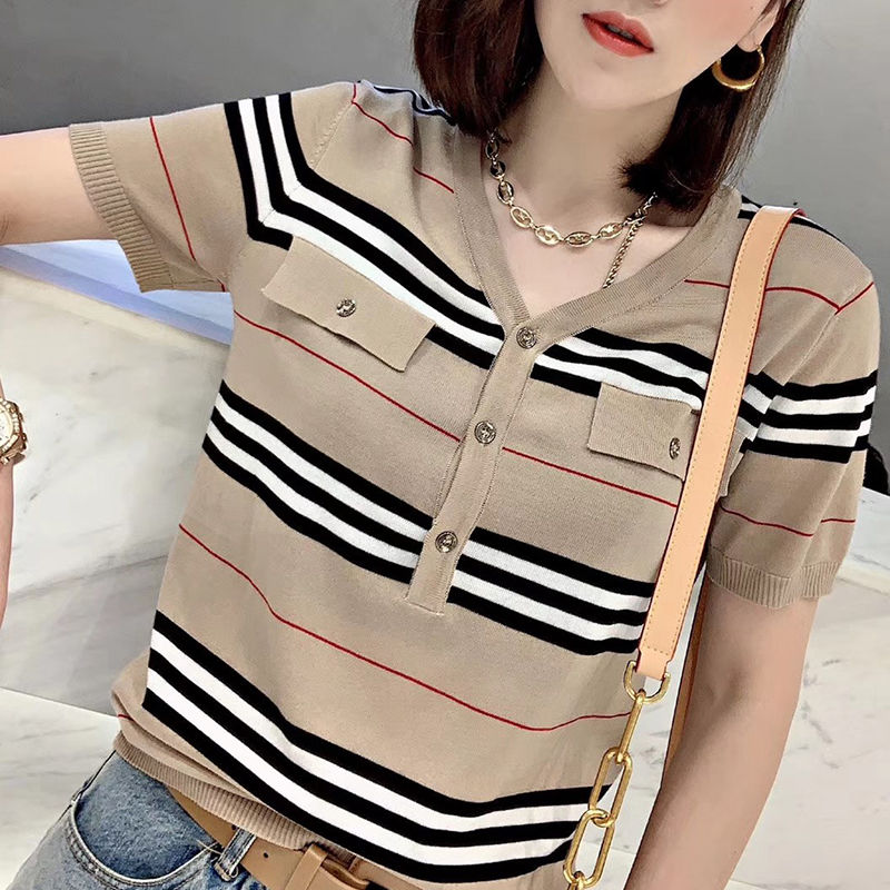 Khaki Striped Hemp  Blouse with Short Sleeves