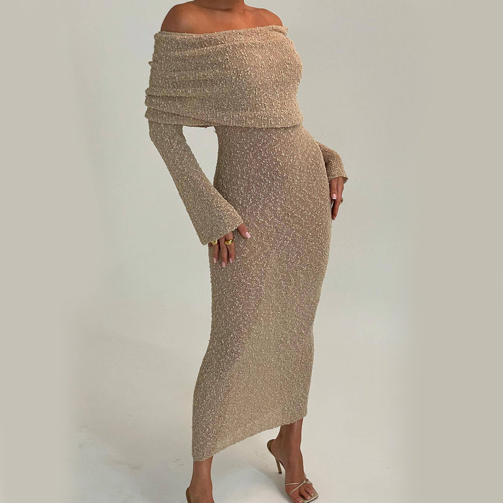 Beach Holiday One-shoulder Knitted Long-Sleeved Dress