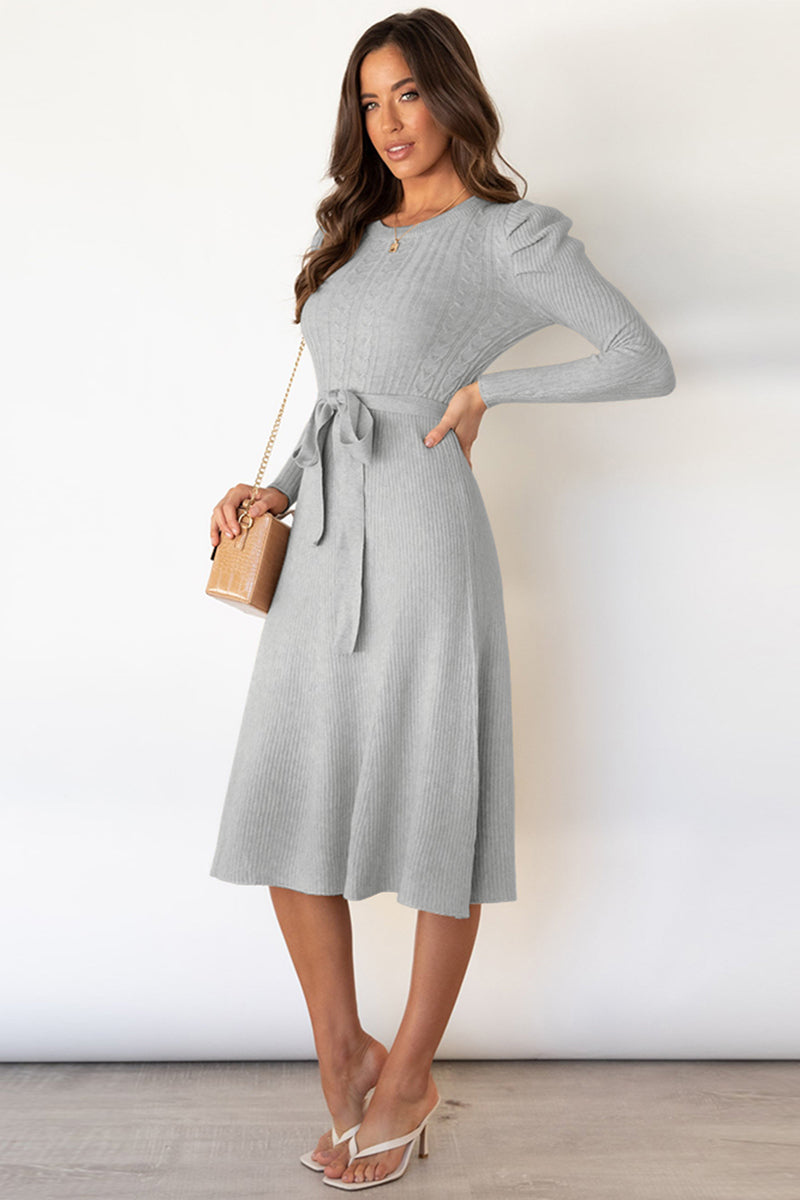 Round Neck Long Sleeve Tie Waist Midi Sweater Dress