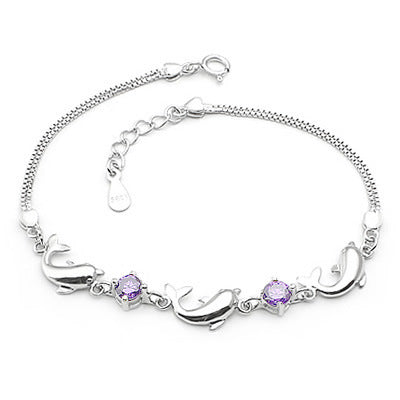 Playful Swimming Dolphins Amethyst 925 Sterling Silver Bracelet.