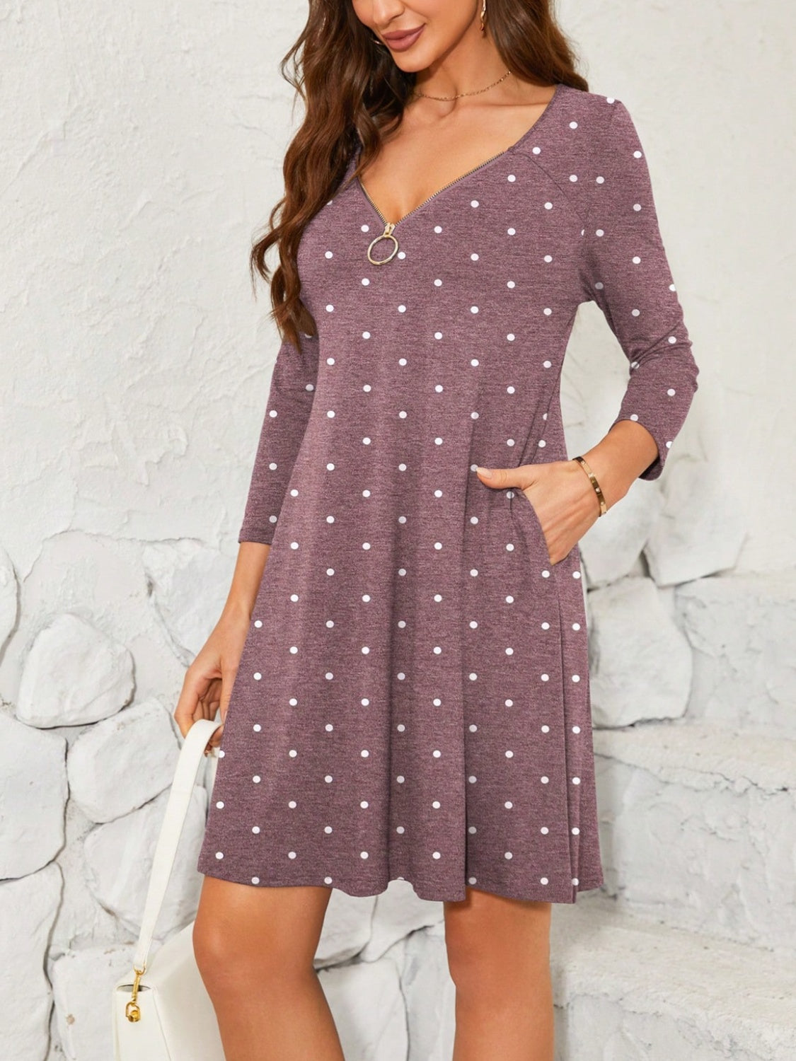 Mauve Polka Dot Quarter Zip  Dress with Long Sleeves