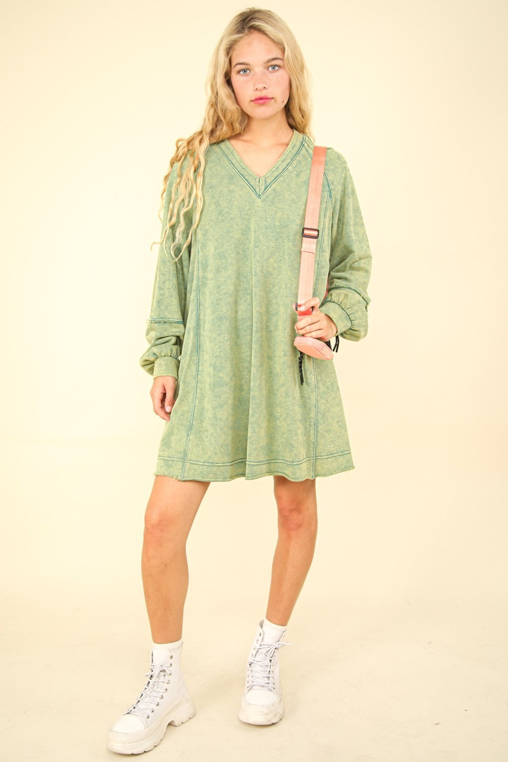 Autumn Mint Mineral Washed Oversized  Mini Dress with Long Sleeves