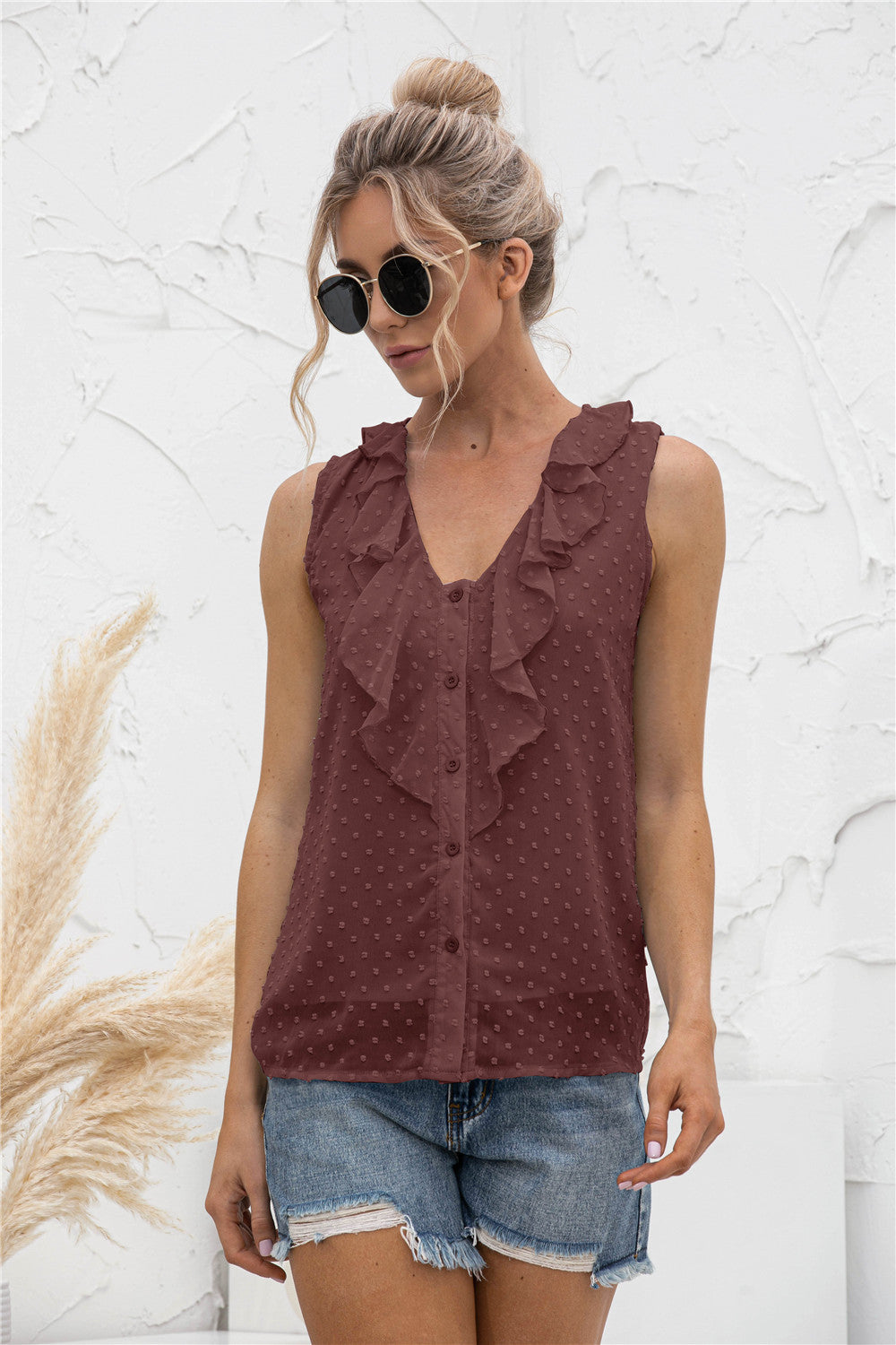 Swiss Dot Ruffled Wide Strap Tank Top