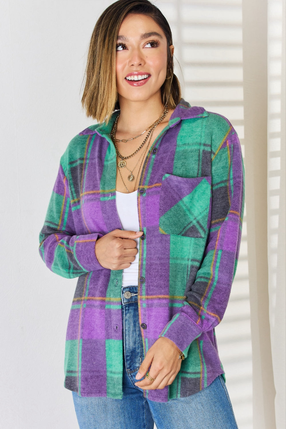 Contrast Plaid Button-Up Long Sleeve Shirt