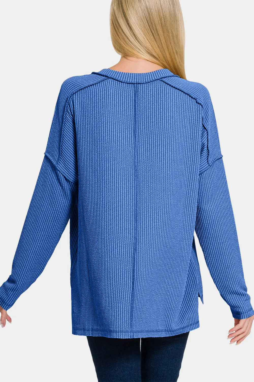 Blue V-Neck Texture Exposed Seam Top  with Long Sleeve