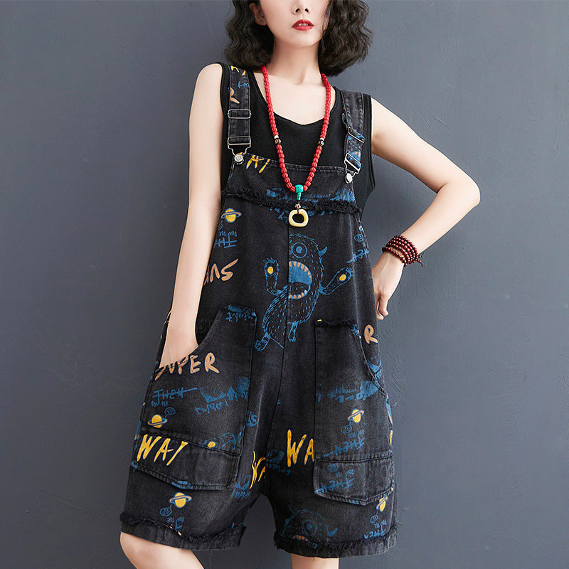 Retro Fashion Print Loose Denim Strap Overalls