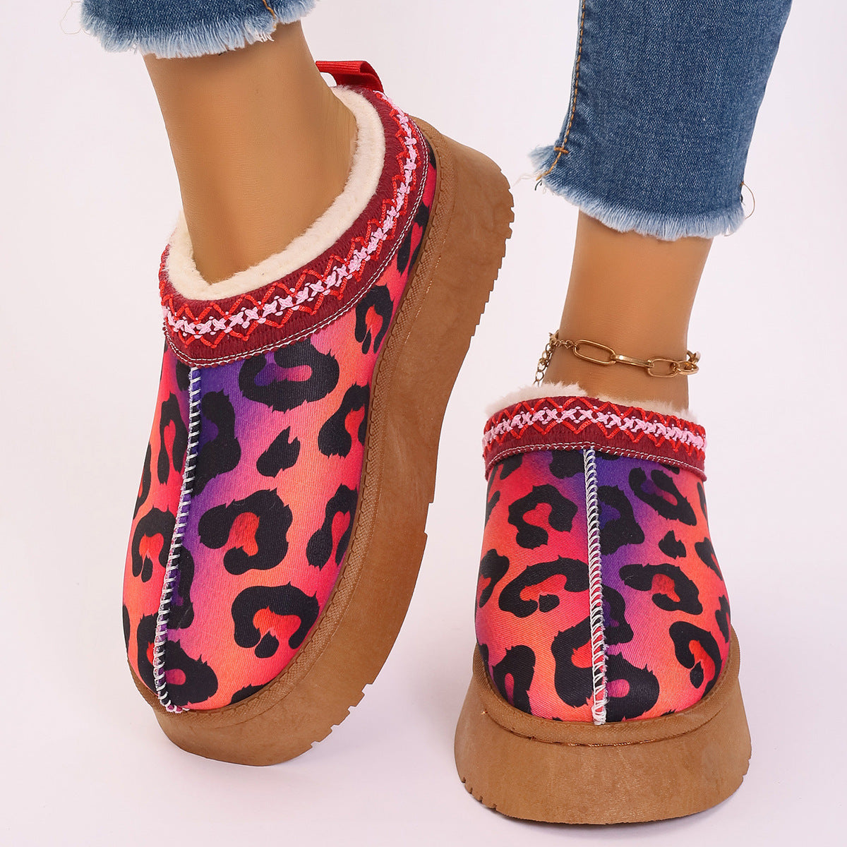 Cartoon Christmas Print Slip On Plush Lined Ankle Boots