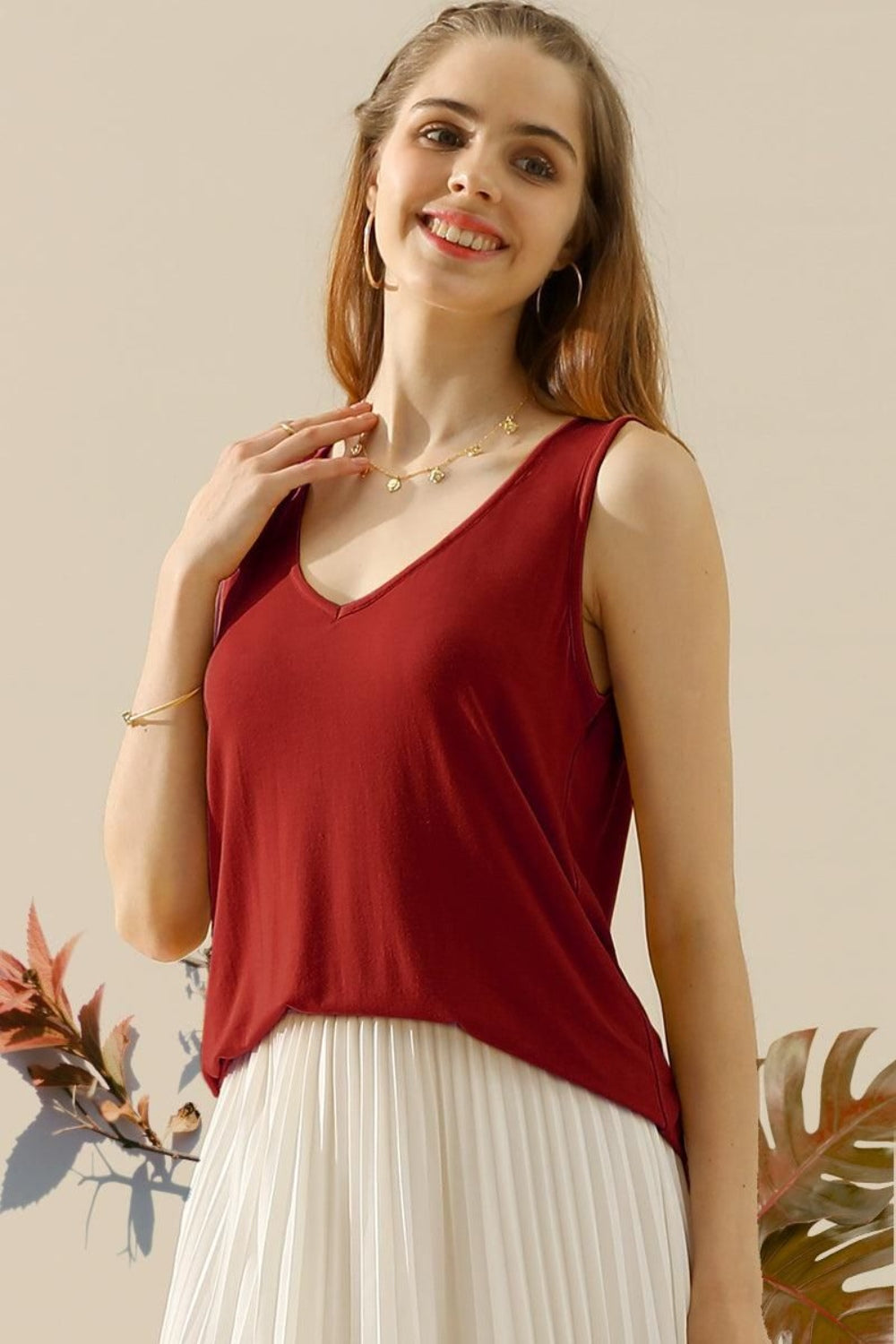 Sheer V-Neck Curved Hem Tank