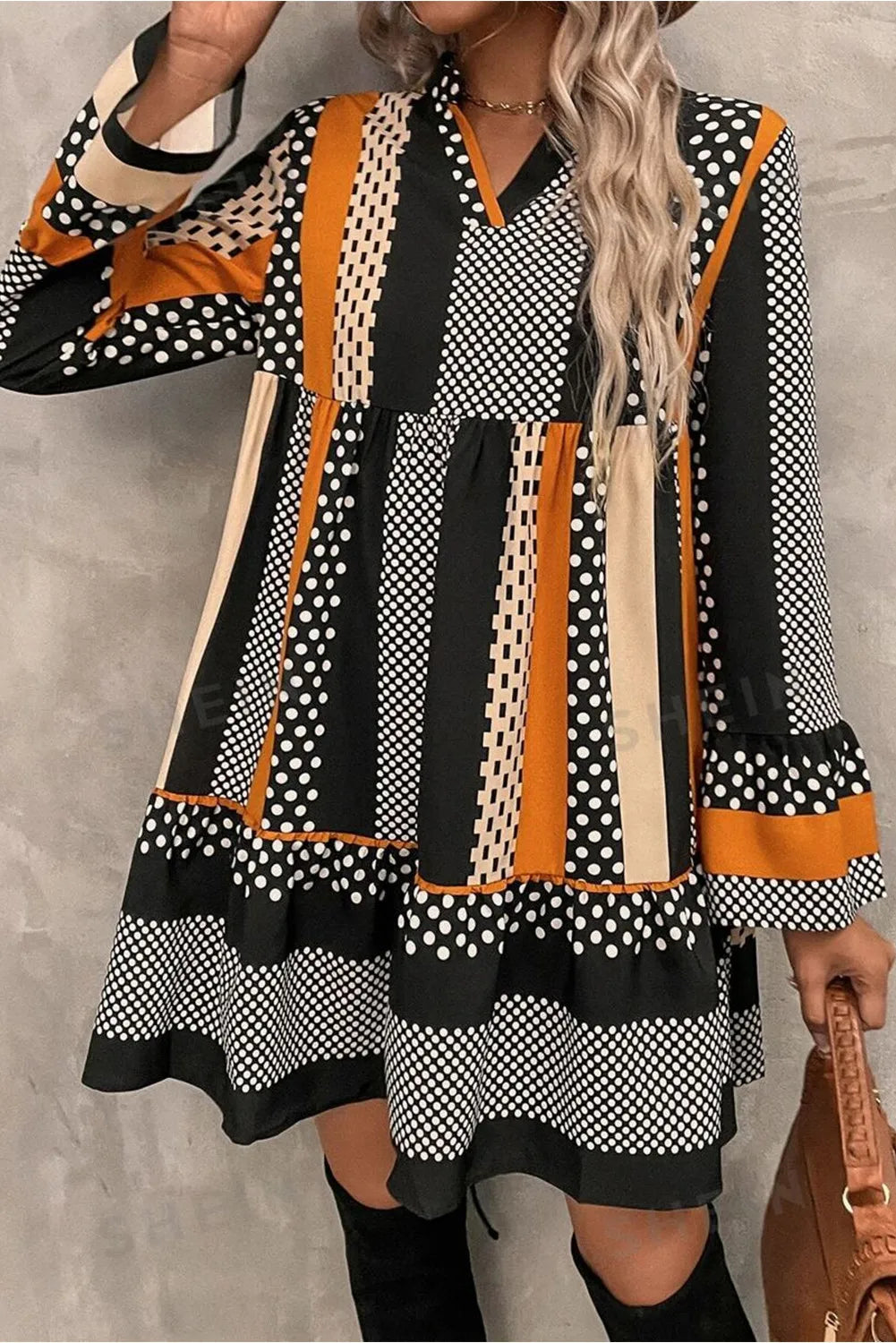 Orange Printed Notched Long Sleeve Mini Dress