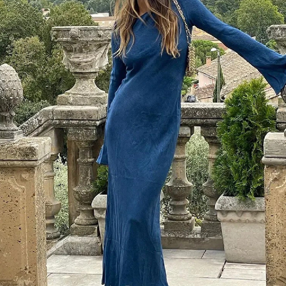 Cobalt Blue Elegant Style  Slim-fit  Dress with Bell Sleeve