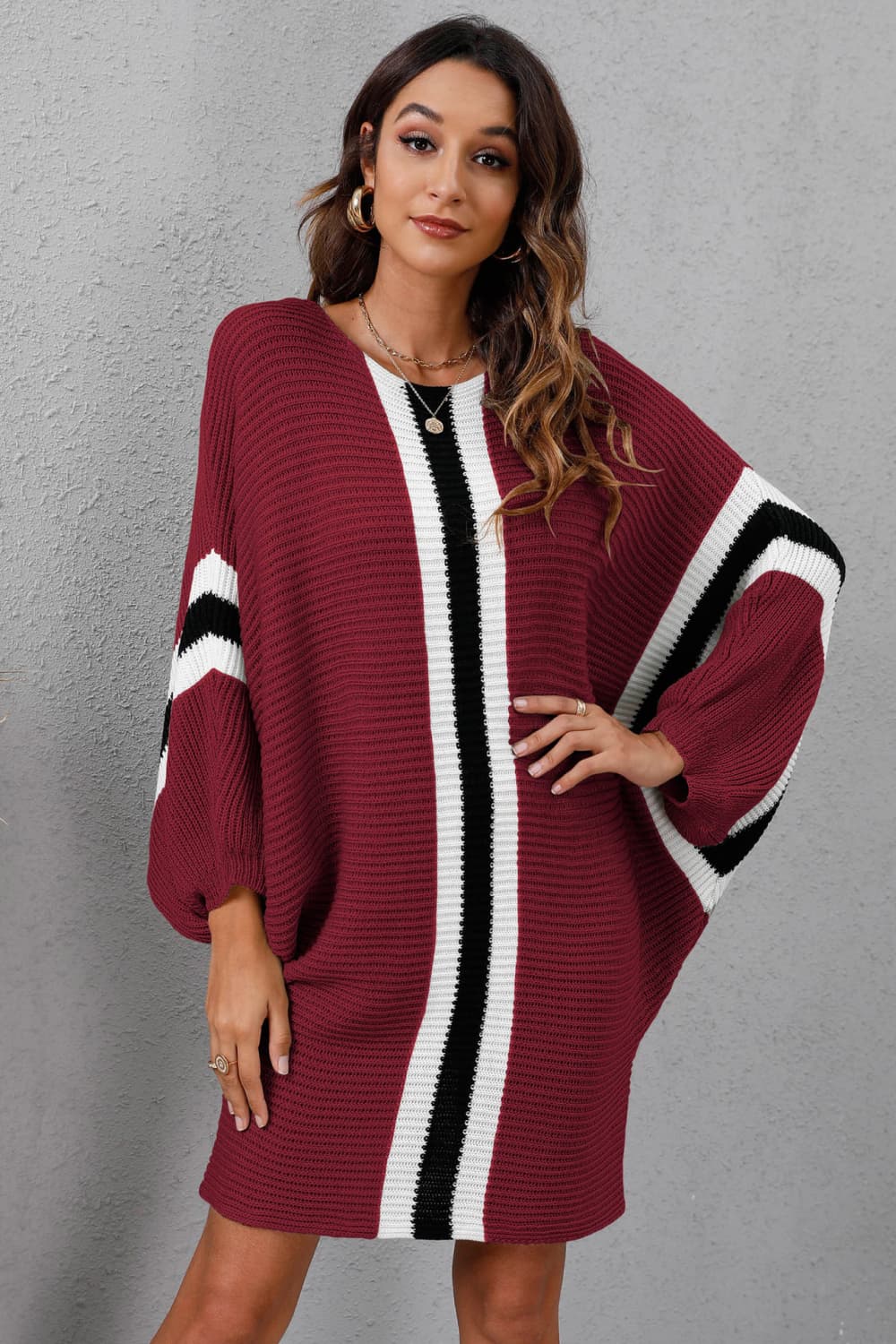 Chic  Ribbed  Sweater Dress with Round Neck & Long Dolman Sleeves