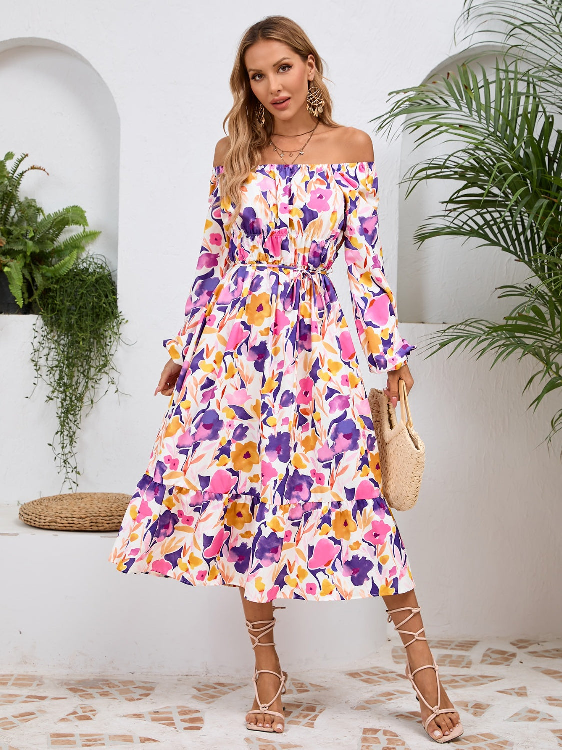 Happy Boho Printed Midi Dress with Long Sleeve