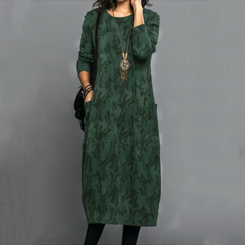 Retro Crew Neck Mid-Waist Sleeve Knitted Mid-Length  Dress