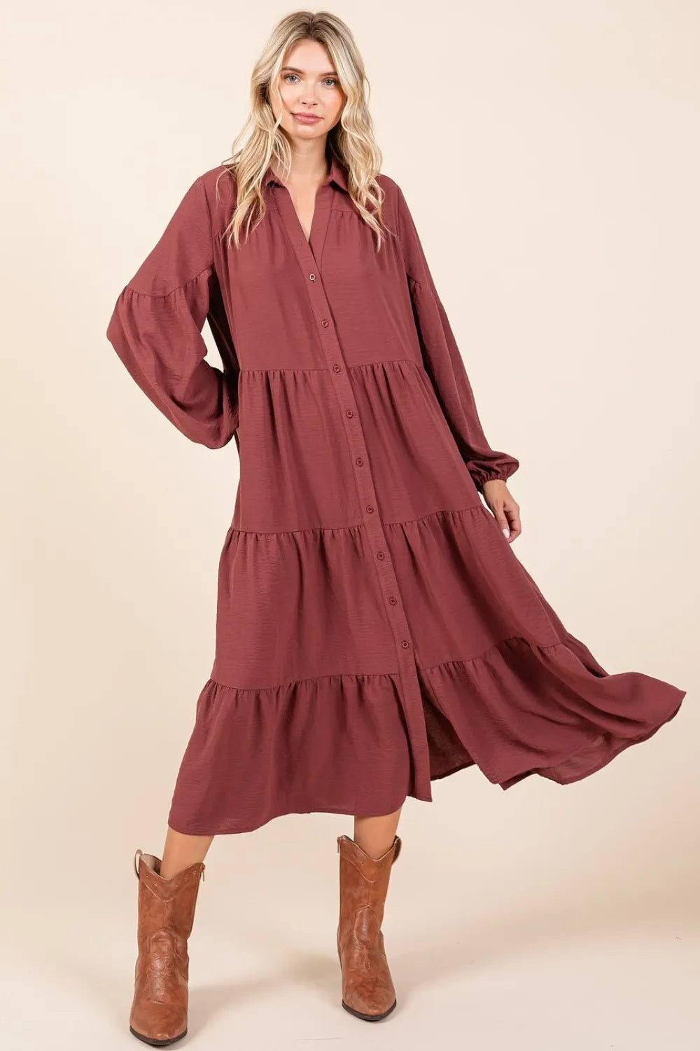 Sienna Red   Ruched, Tiered Button Down Long Sleeve Midi Dress