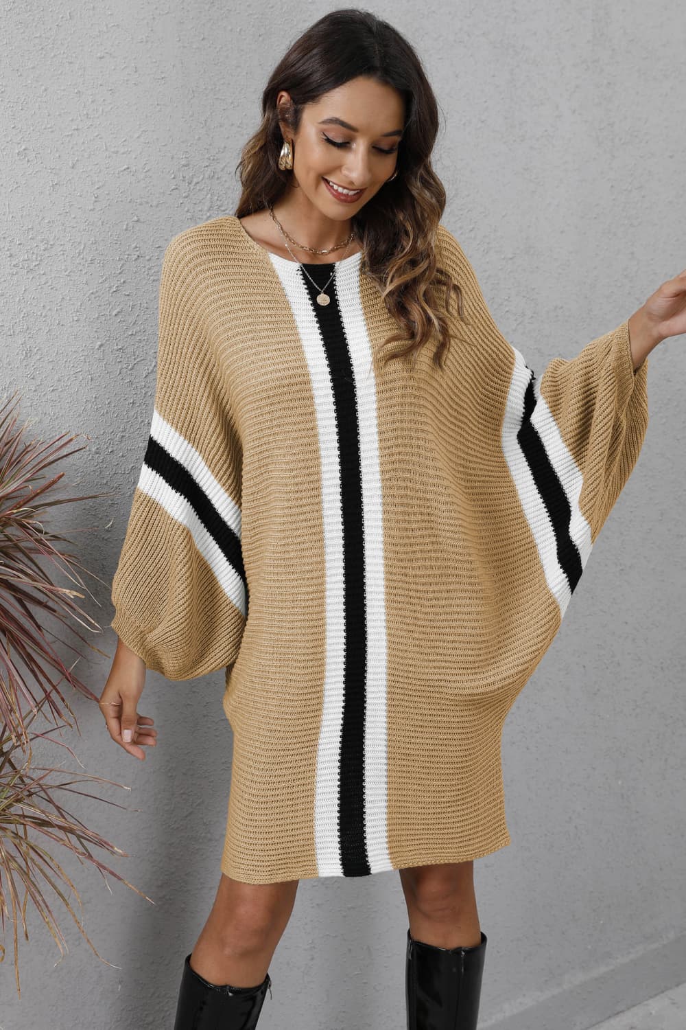 Chic  Ribbed  Sweater Dress with Round Neck & Long Dolman Sleeves