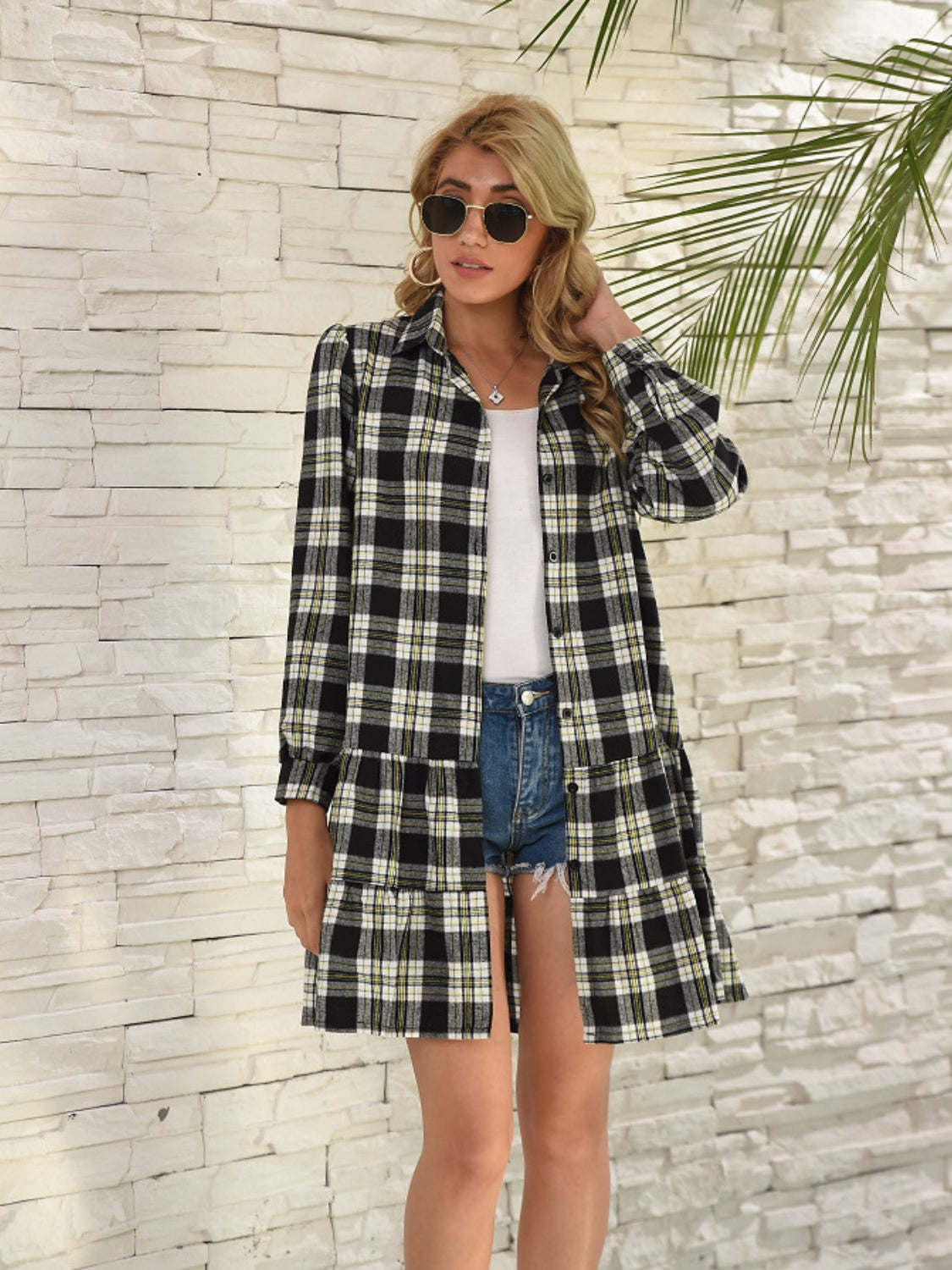 Shirt Style Checkered Plaid Button Down  Ruffle Hem  Dress with  Long Sleeve