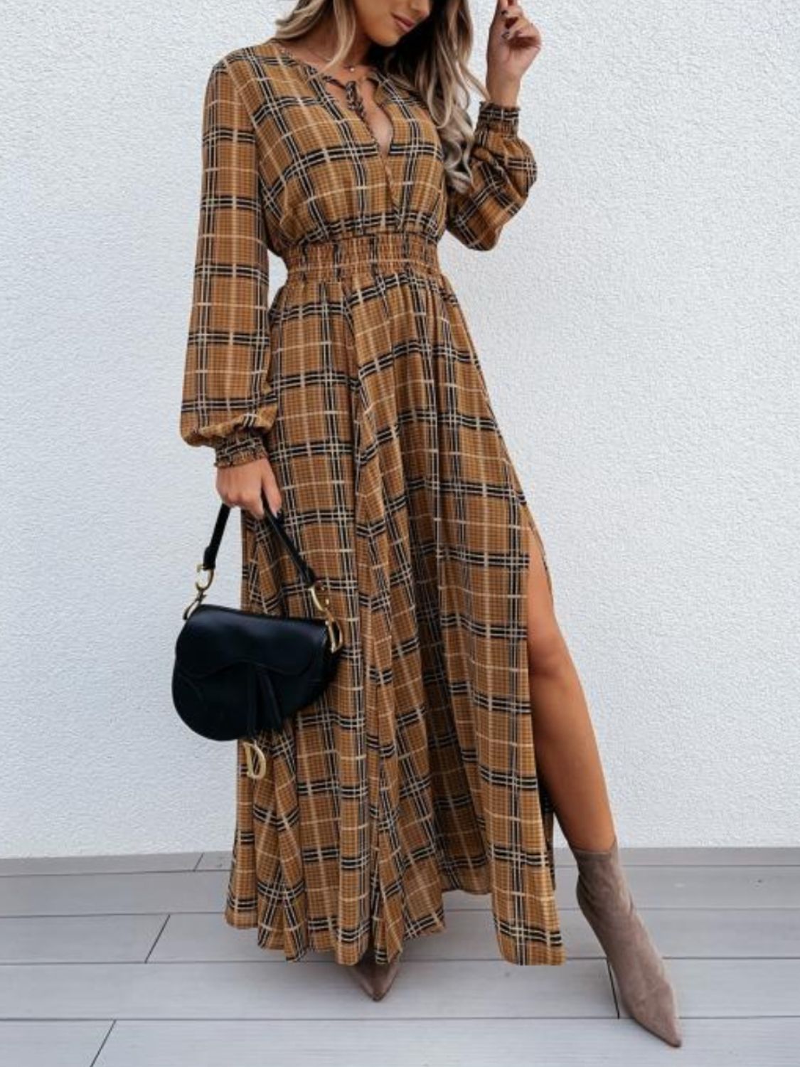 Camel Brown  Maxi Dress with Slit Plaid Tie Neck & Long Sleeves