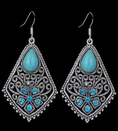 Genuine Turquois Vintage Boho Silver Drop Hook Earrings.