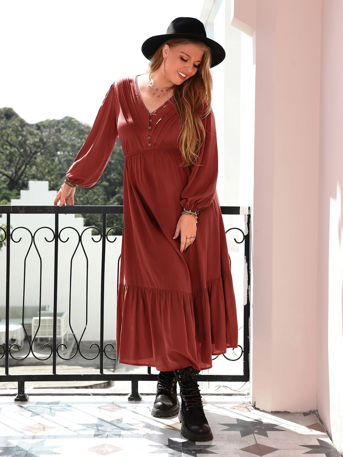 Rusty Red Quarter Button V-Neck Long Sleeve Dress-Plus Size