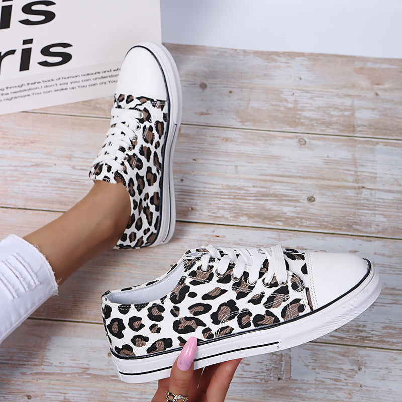 Color-Block  Thick-Soled Leopard Print  Lace-up Casual Sneakers