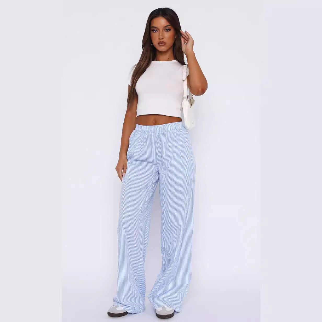 Striped Elastic High Waist Wide Leg Straight Pants