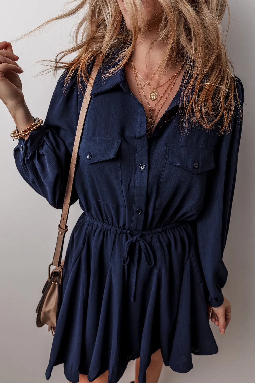 Sporty Chic Half Button Navy Dress with Long Sleeve & Drawstring