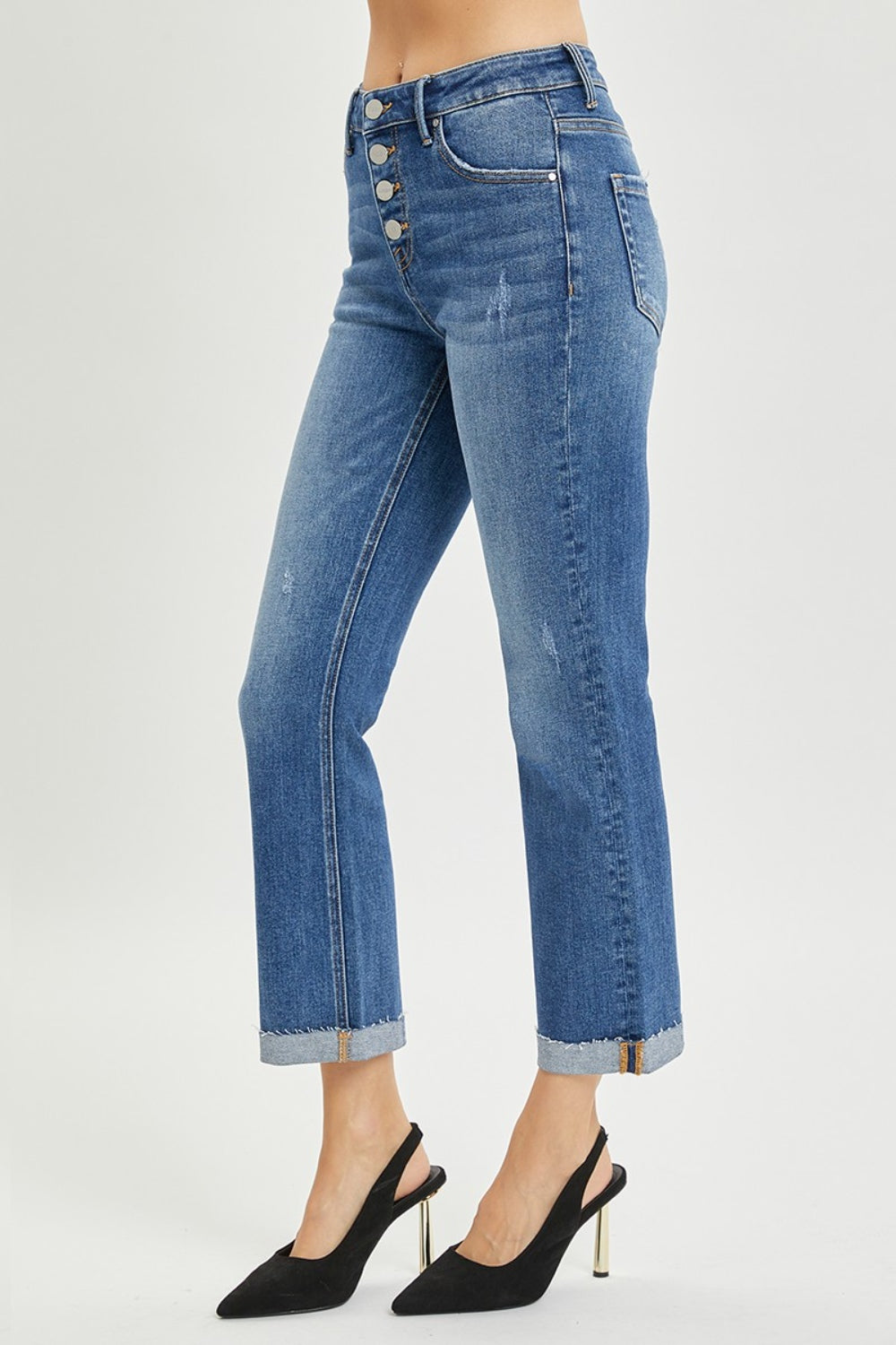 High Waist Button Fly Cropped Bootcut Jeans