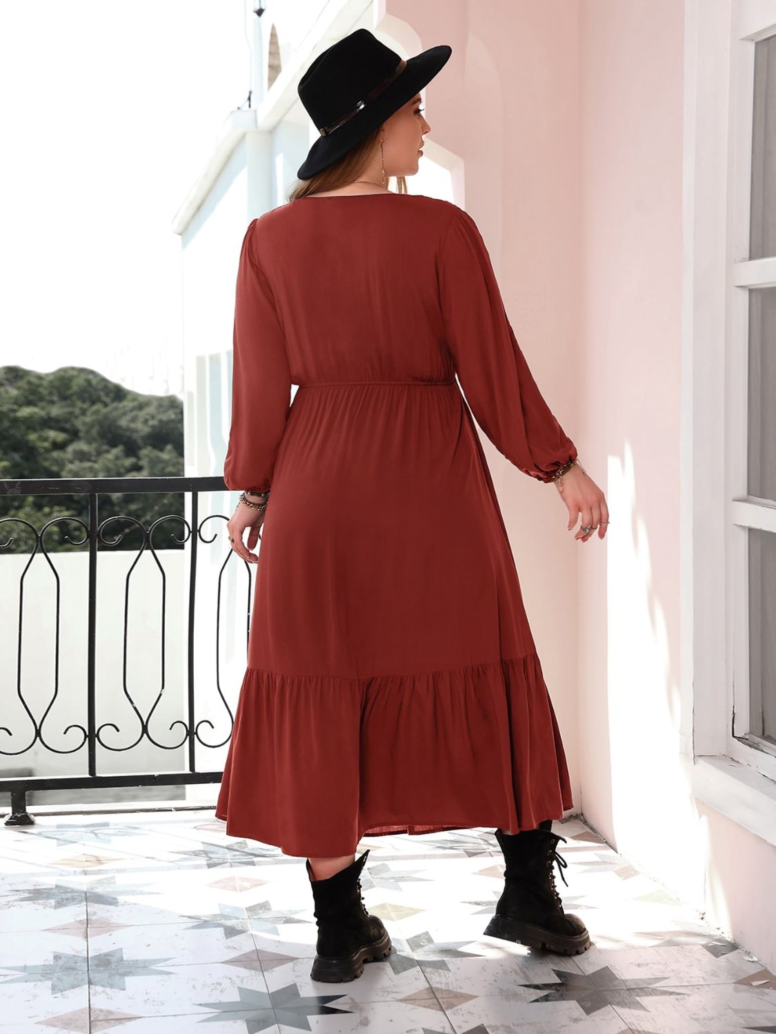 Rusty Red Quarter Button V-Neck Long Sleeve Dress-Plus Size