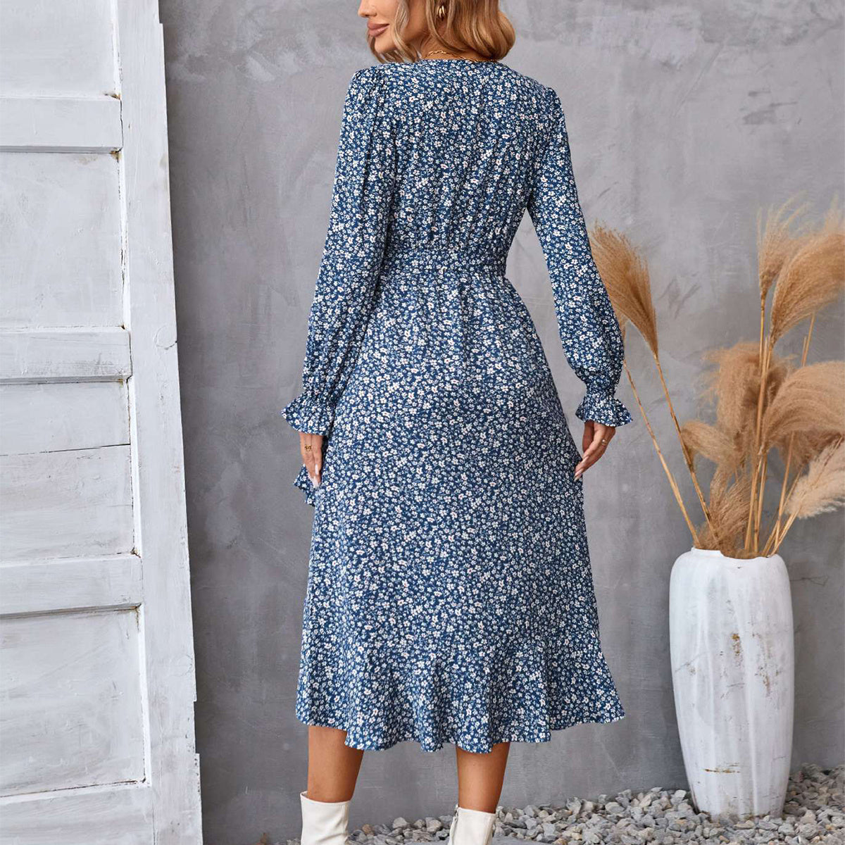 Flowers  Ruffled Print  Dress with Long  Petal Sleeve