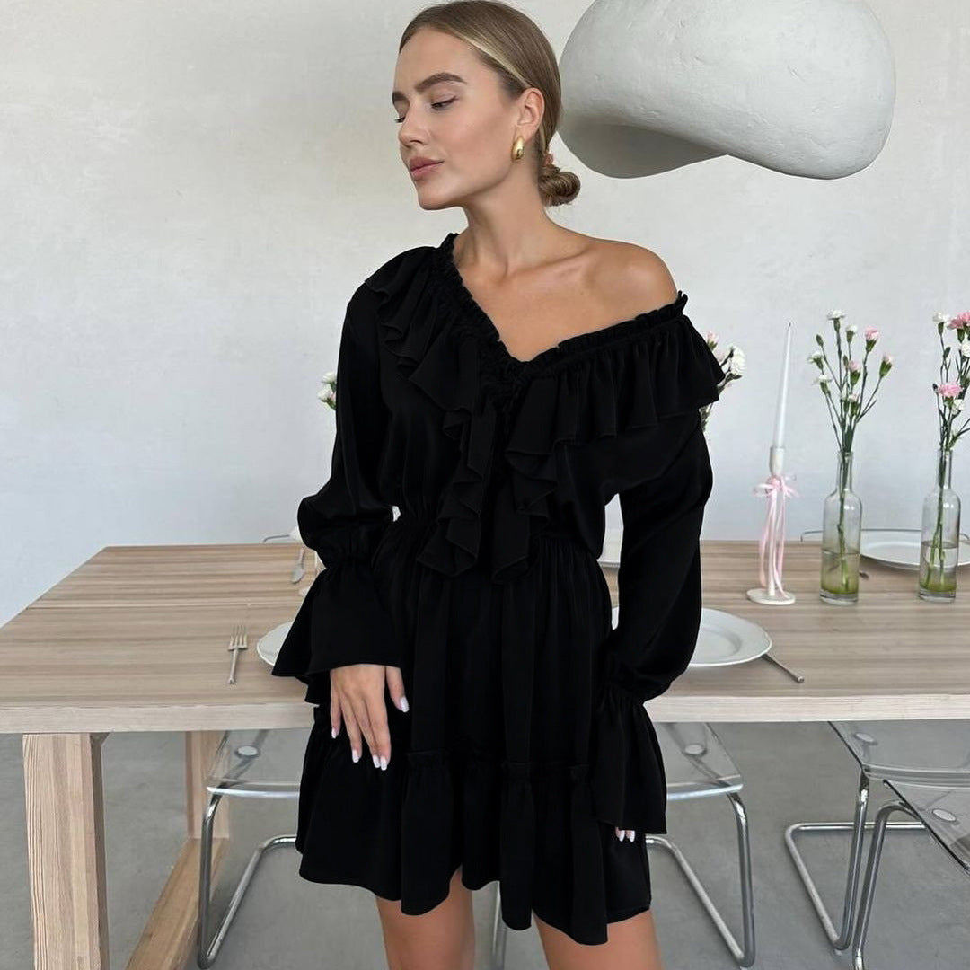 Stylish V Neck Pleated Ruffle Puffy Skirt Short  Dress  with Long Sleeve