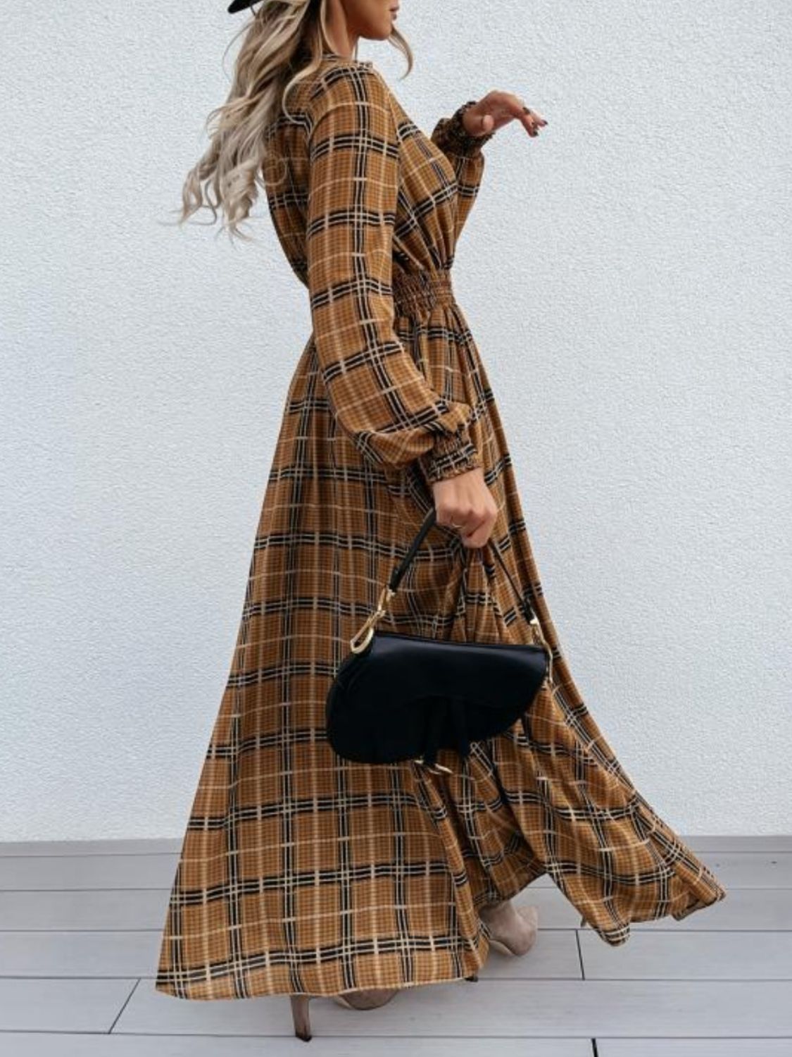 Camel Brown  Maxi Dress with Slit Plaid Tie Neck & Long Sleeves