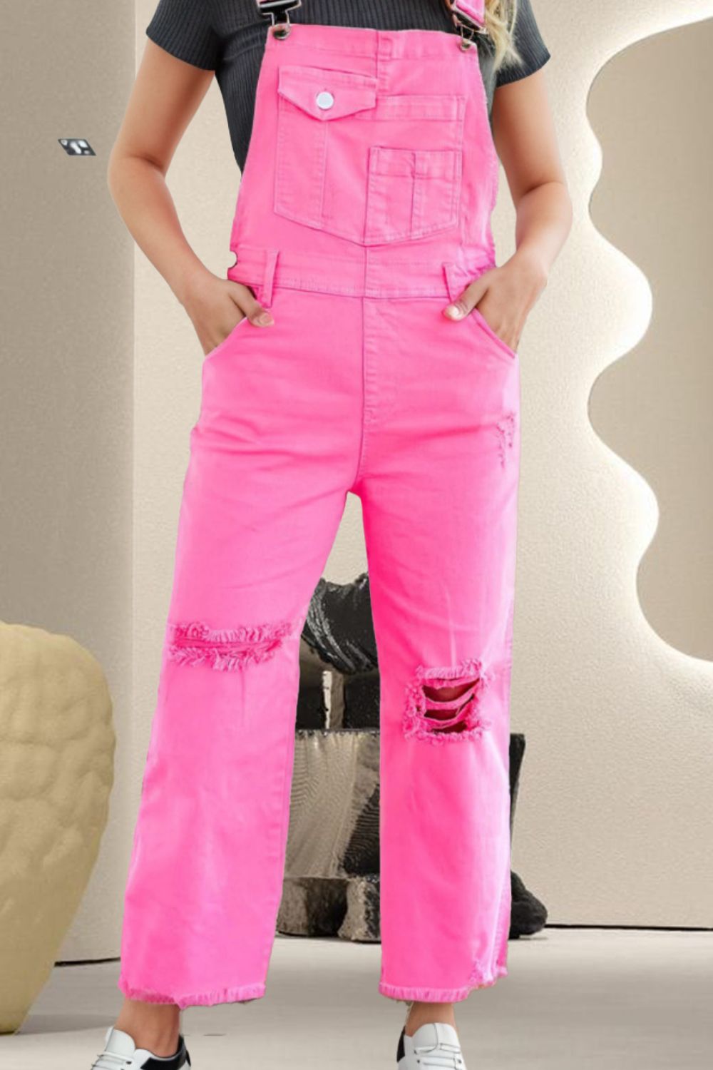 Fuchsia Pink Distressed Pocketed Wide Strap Denim Overalls