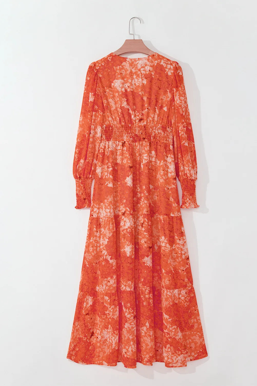 Orange Dress with Long Sleeves  &  Smocked Printed V-Neck