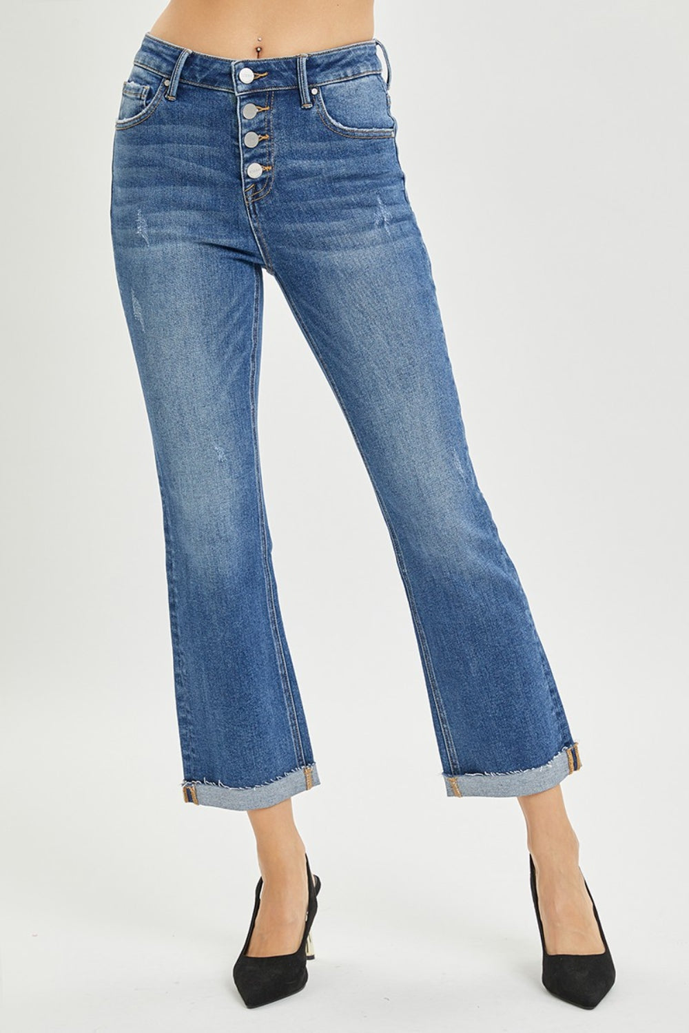 High Waist Button Fly Cropped Bootcut Jeans